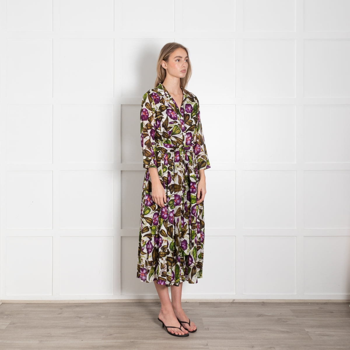 Samantha Sung White Green Purple Floral Cotton Belted Midi Dress