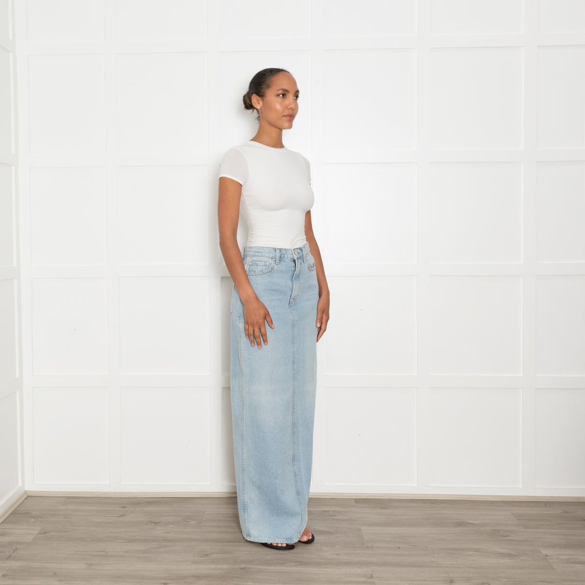 GRLFRND Washed Blue Denim Maxi Skirt
