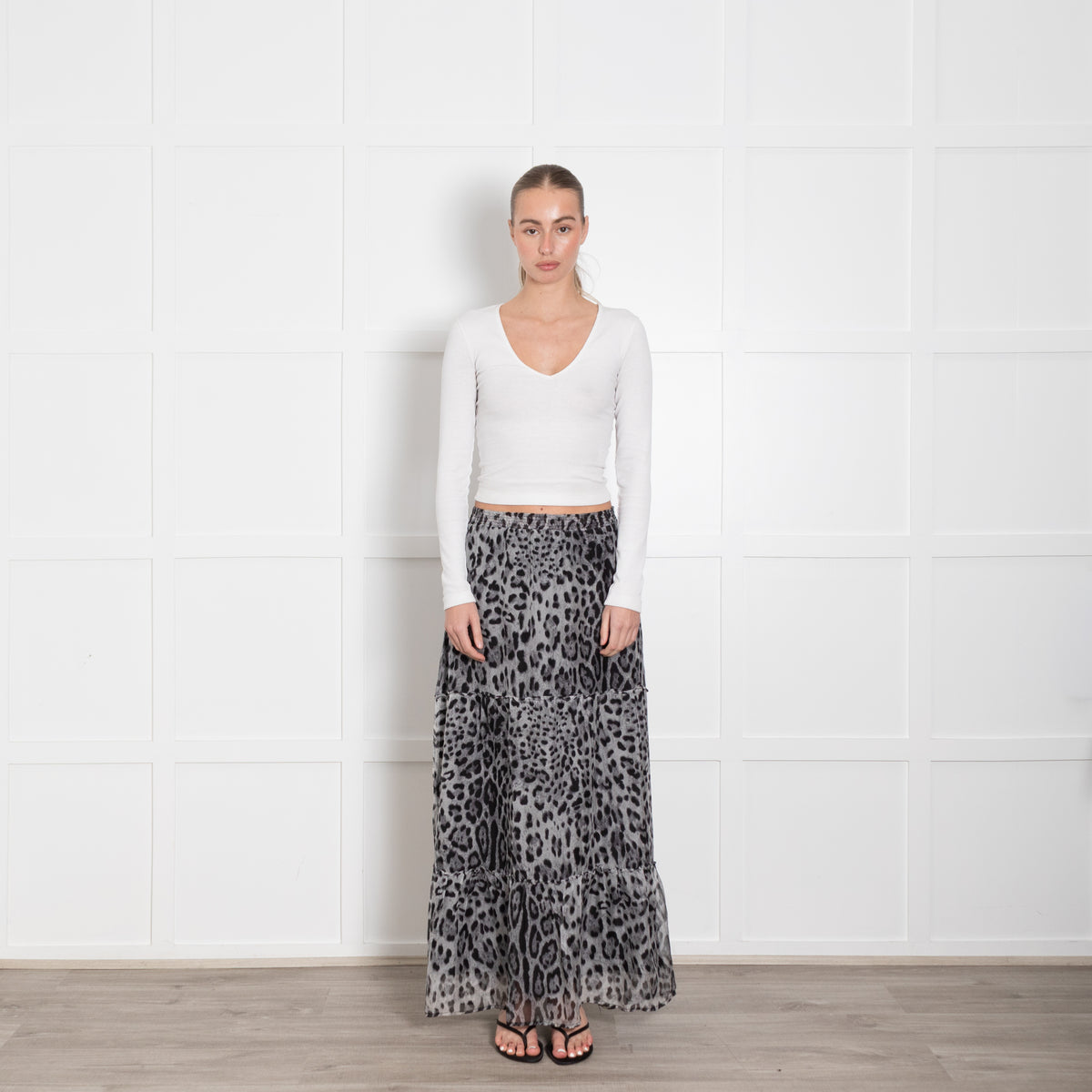 Ridley Grey Black Silk Animal Print Tiered Maxi Skirt
