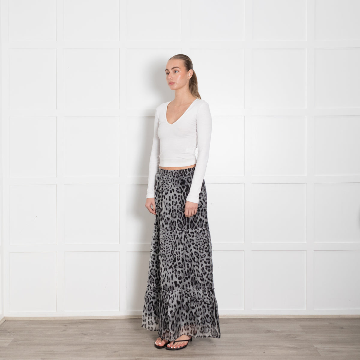 Ridley Grey Black Silk Animal Print Tiered Maxi Skirt