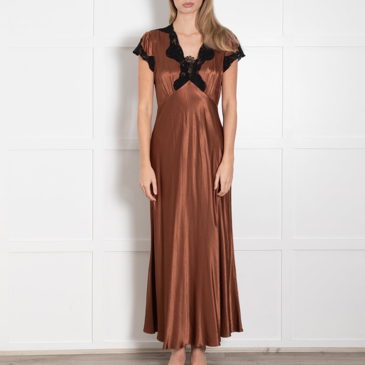 Rixo London Caramel Brown Black Lace Trim Cap Sleeve Maxi Dress