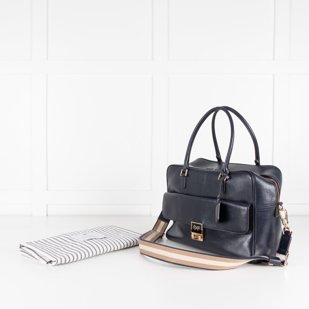 Anya Hindmarch Navy Blue Leather Carker Satchel Bag