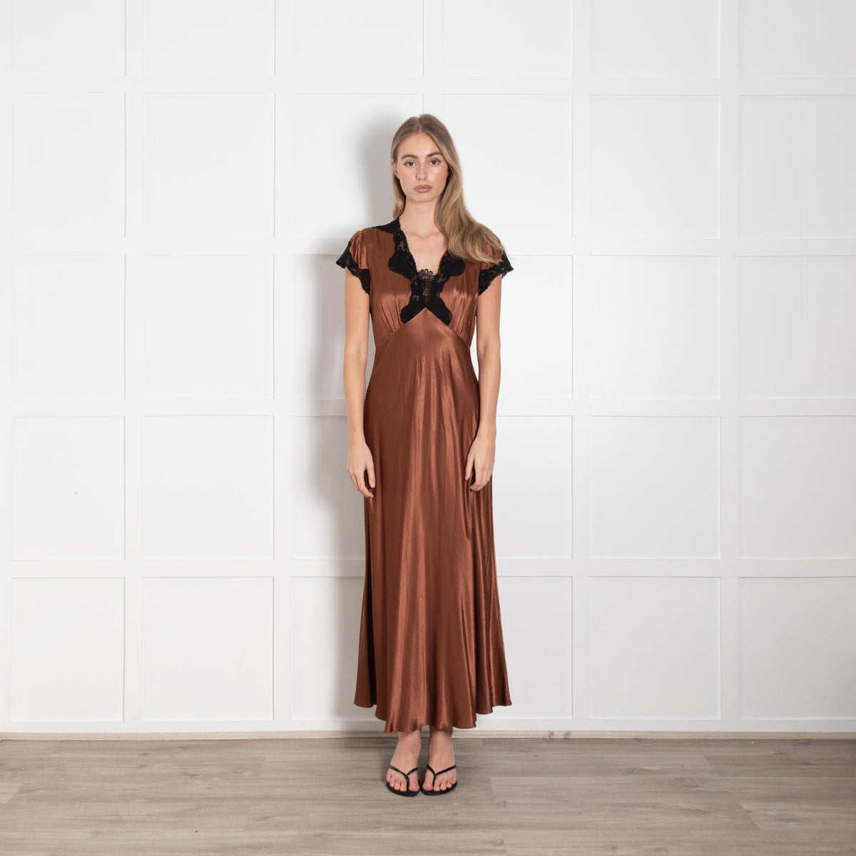 Rixo London Caramel Brown Black Lace Trim Cap Sleeve Maxi Dress