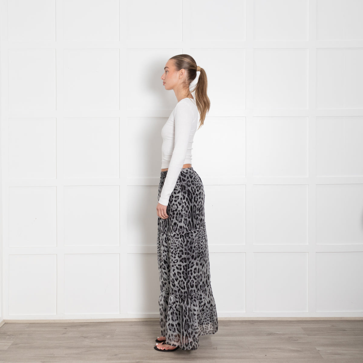 Ridley Grey Black Silk Animal Print Tiered Maxi Skirt