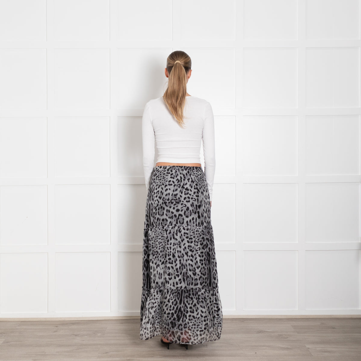 Ridley Grey Black Silk Animal Print Tiered Maxi Skirt