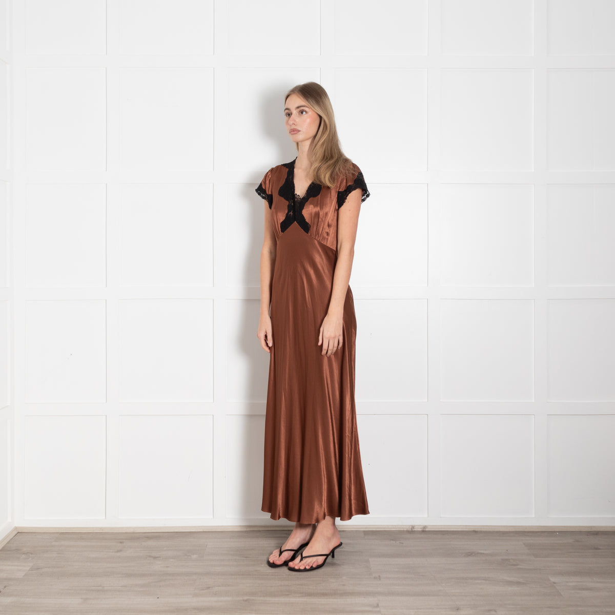 Rixo London Caramel Brown Black Lace Trim Cap Sleeve Maxi Dress