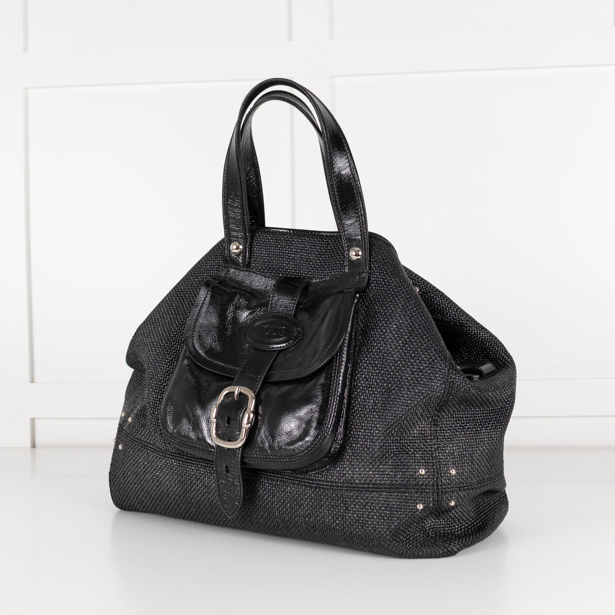 Tod's Black Coated Woven Tote With Buckle