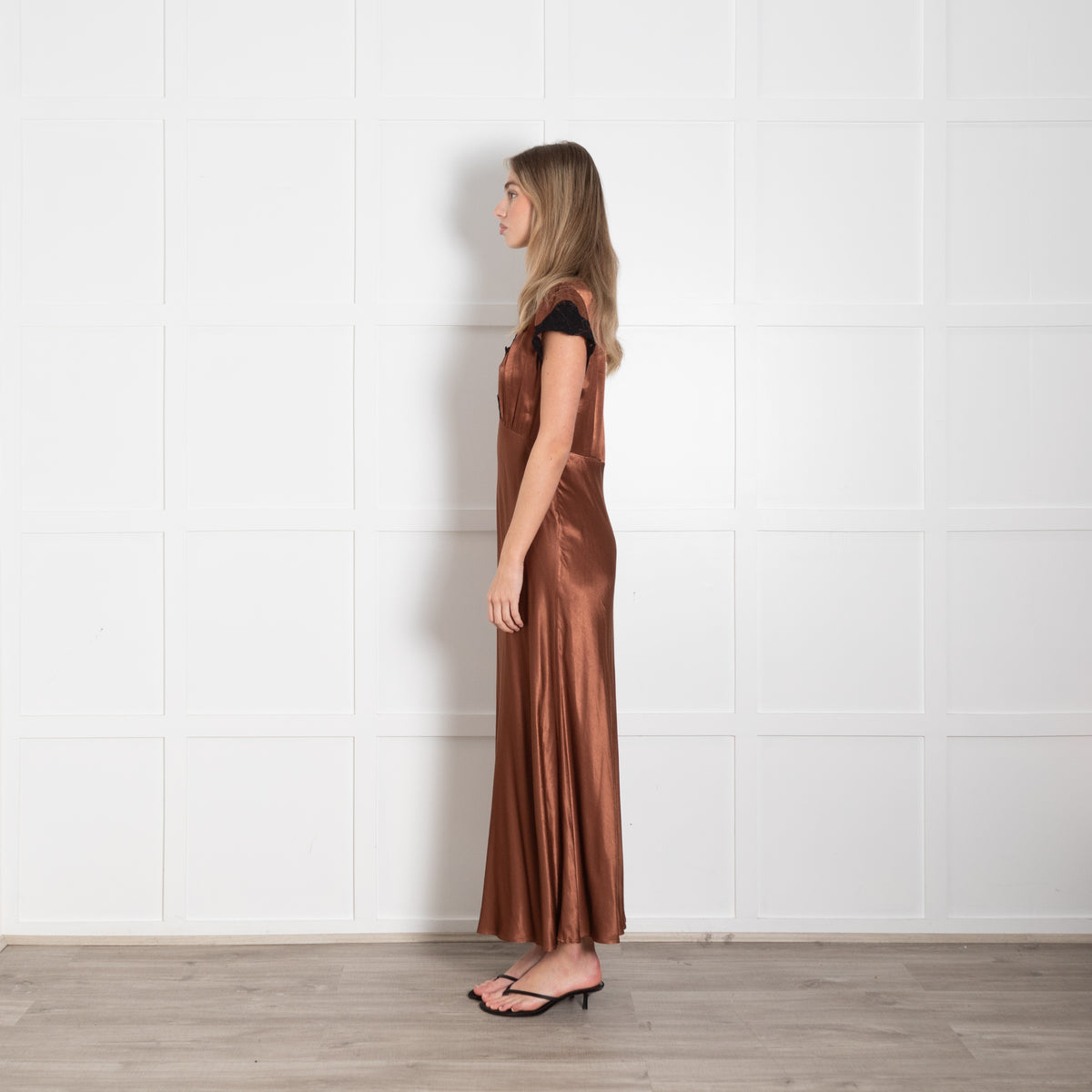 Rixo London Caramel Brown Black Lace Trim Cap Sleeve Maxi Dress