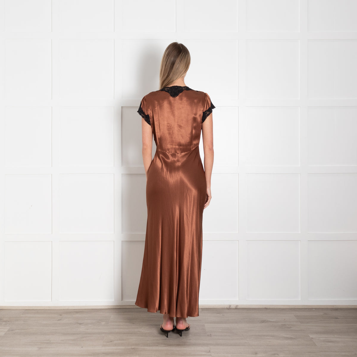 Rixo London Caramel Brown Black Lace Trim Cap Sleeve Maxi Dress