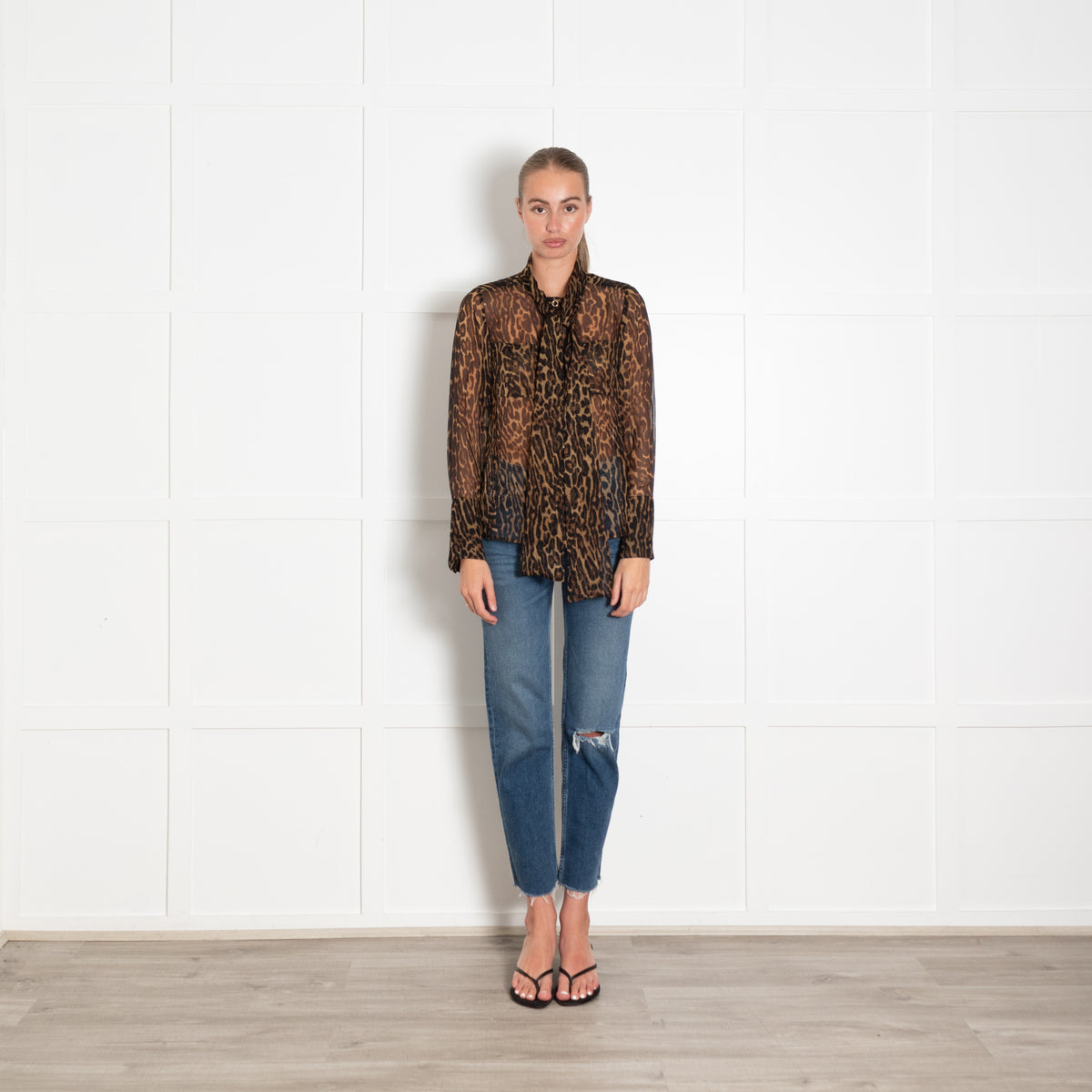 Burberry Leopard Print Chiffon Tie Neck Blouse