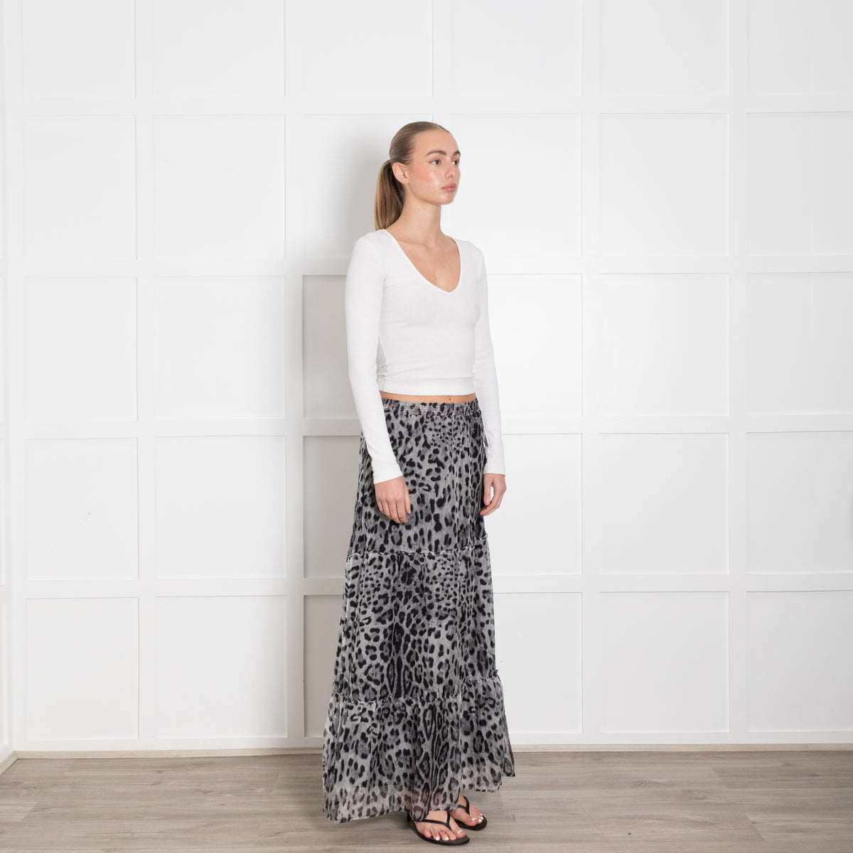 Ridley Grey Black Silk Animal Print Tiered Maxi Skirt