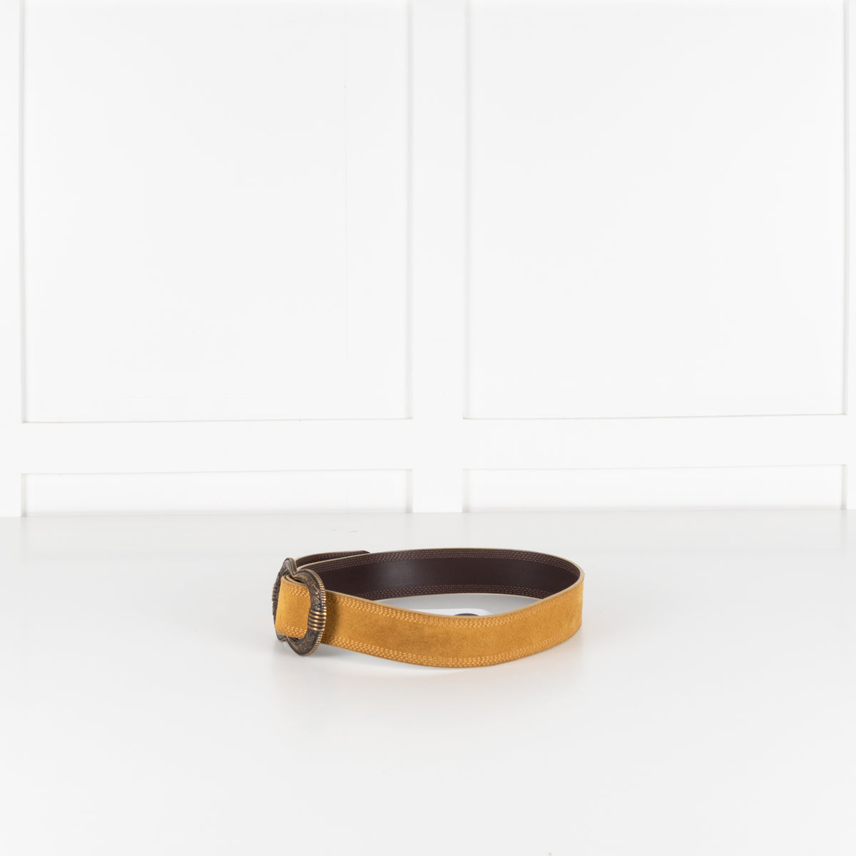 Sezane Gaia Mustard Suede Belt With Brass Buckle
