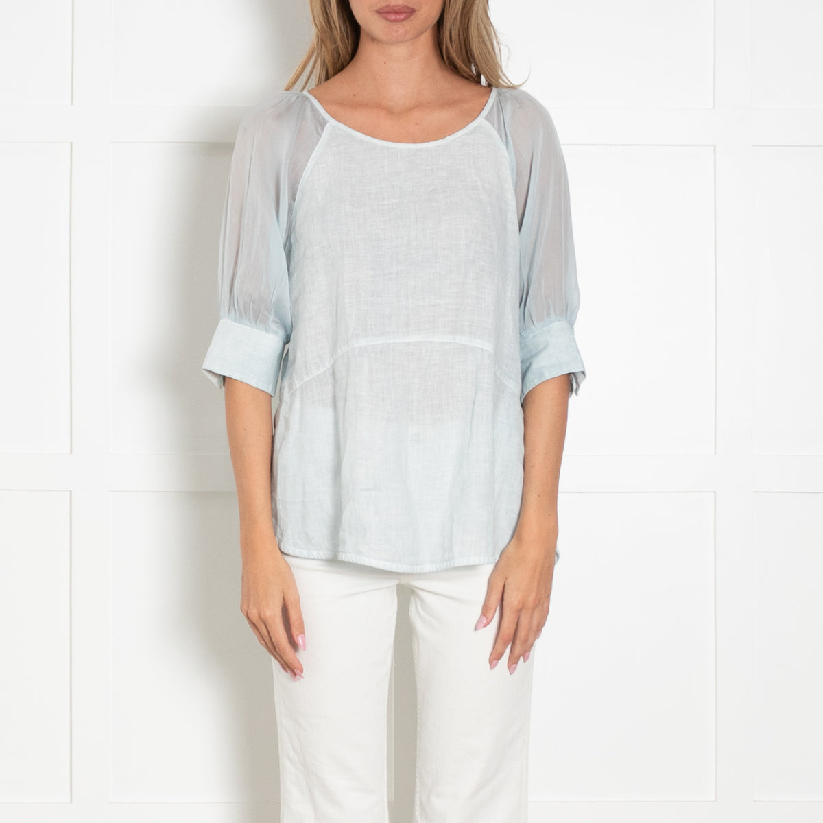 120% Lino Pale Blue Linen Silk Sleeve Top
