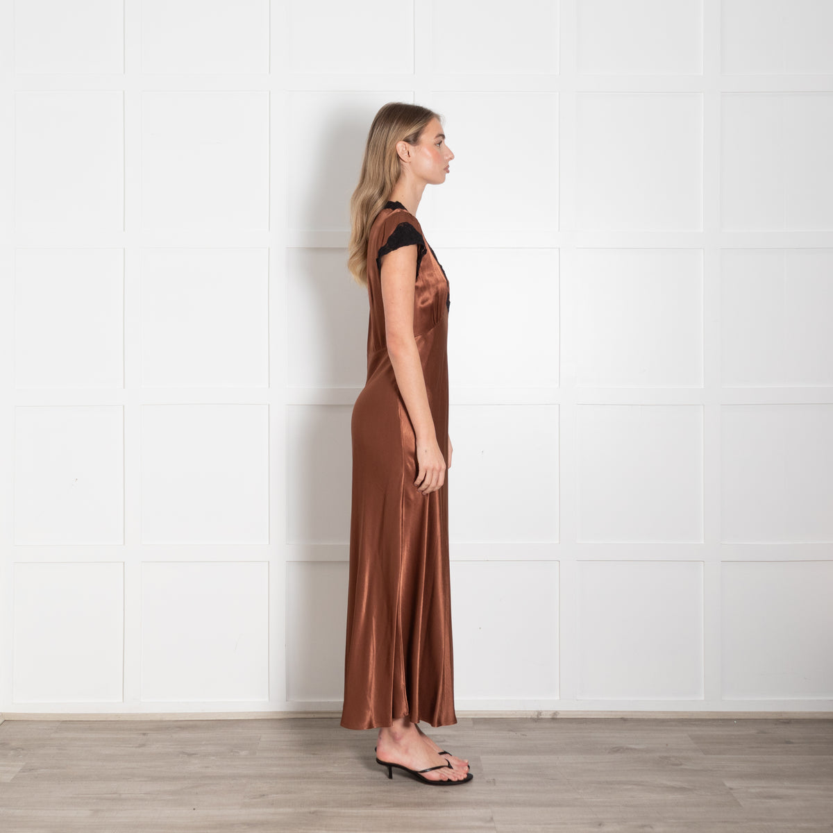 Rixo London Caramel Brown Black Lace Trim Cap Sleeve Maxi Dress
