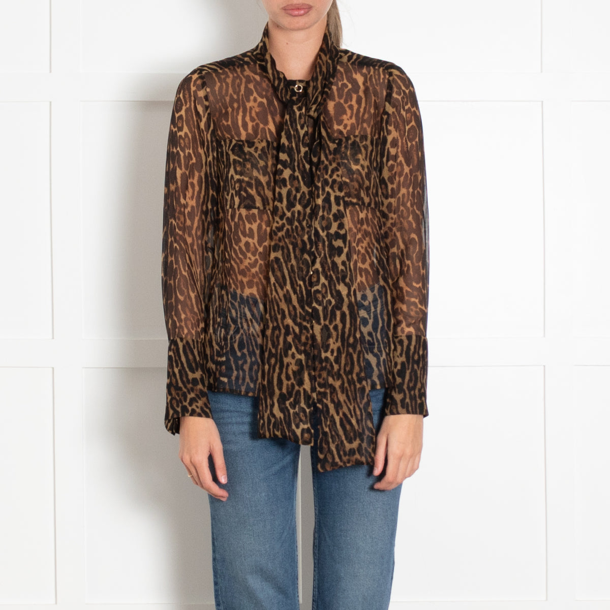 Burberry Leopard Print Chiffon Tie Neck Blouse