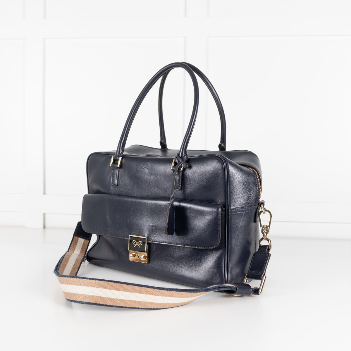 Anya Hindmarch Navy Blue Leather Carker Satchel Bag