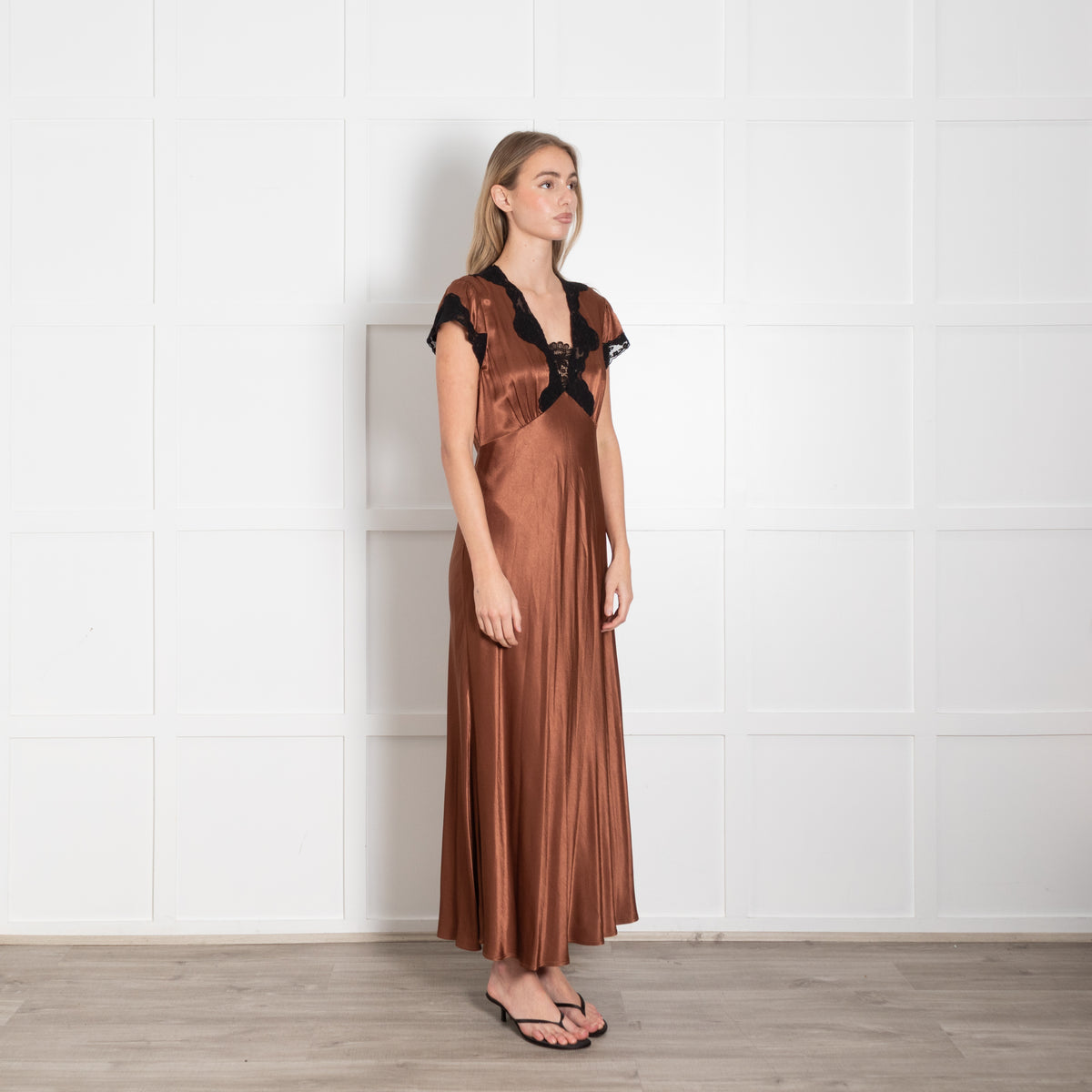 Rixo London Caramel Brown Black Lace Trim Cap Sleeve Maxi Dress