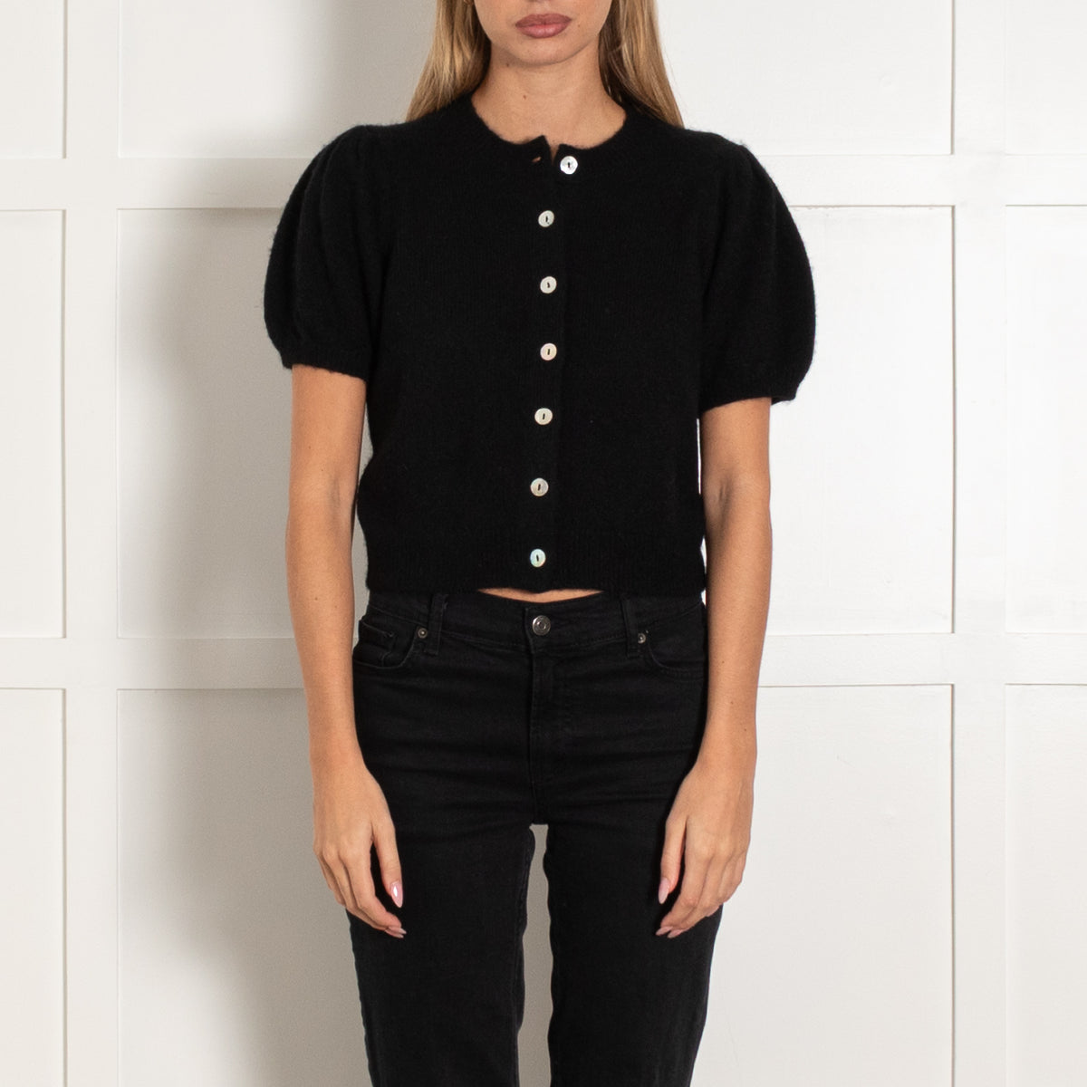 Doen Black Anisa Puff-Sleeves Cardigan