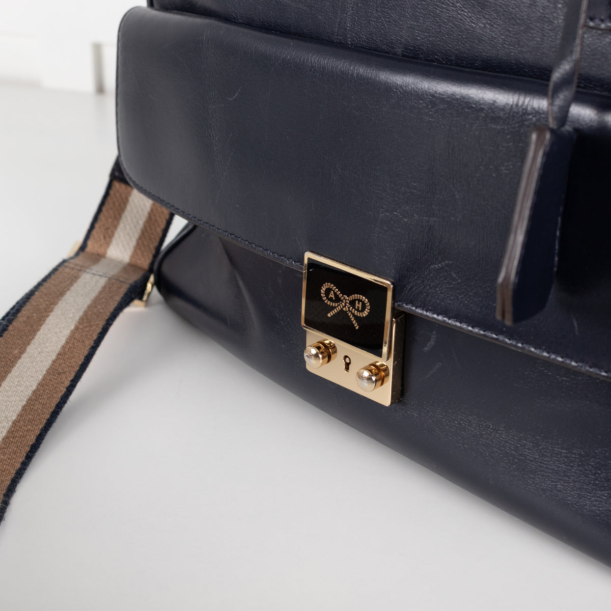 Anya Hindmarch Navy Blue Leather Carker Satchel Bag
