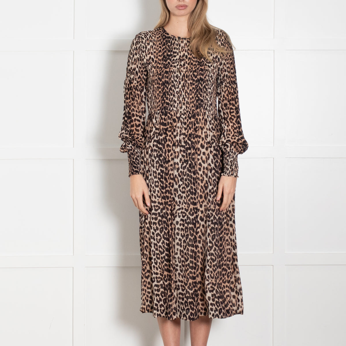 Ganni Brown Animal Print Smock Top Maxi Dress