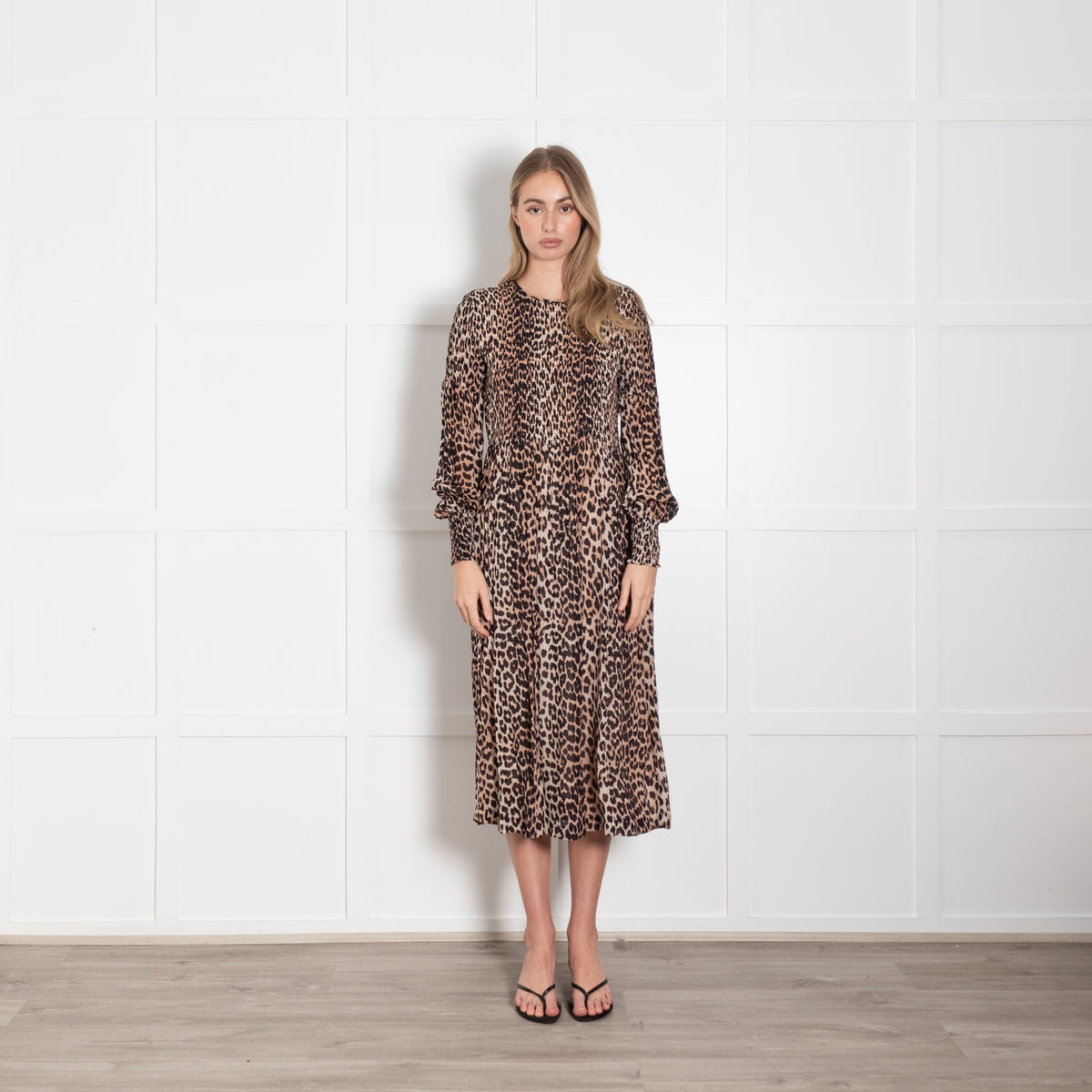 Ganni Brown Animal Print Smock Top Maxi Dress