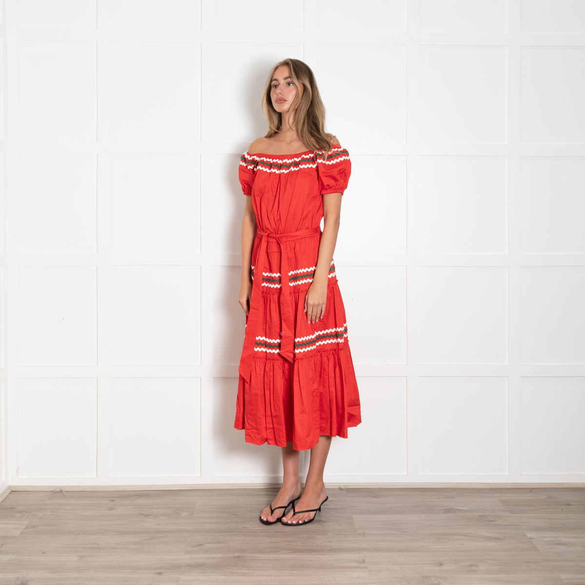 Tory Burch Red Cream Khaki Rick Rack Ribbon Trim Maxi Dress