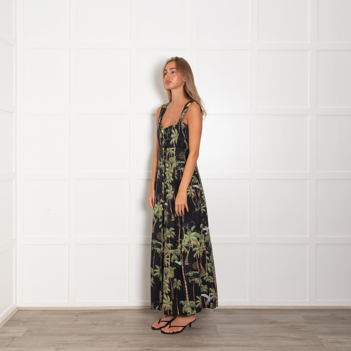 Hayley Menzies Black Cotton Palm Tree Print Sleeveless Dress