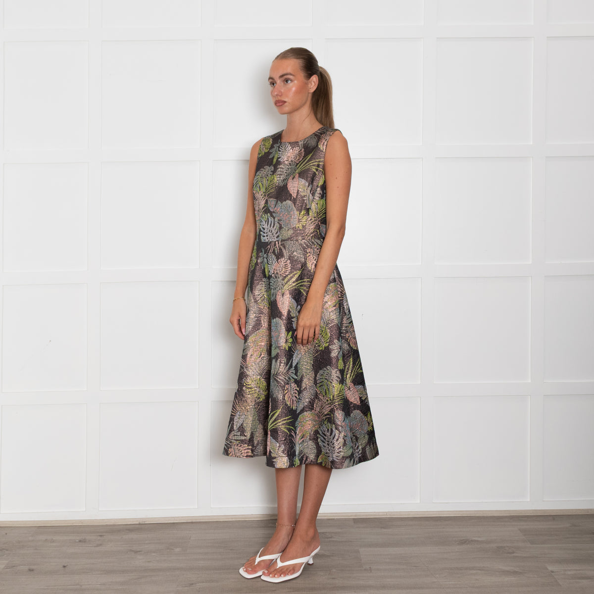 Essentiel Antwerp Bronze Leafy Print Sleeveless Dress
