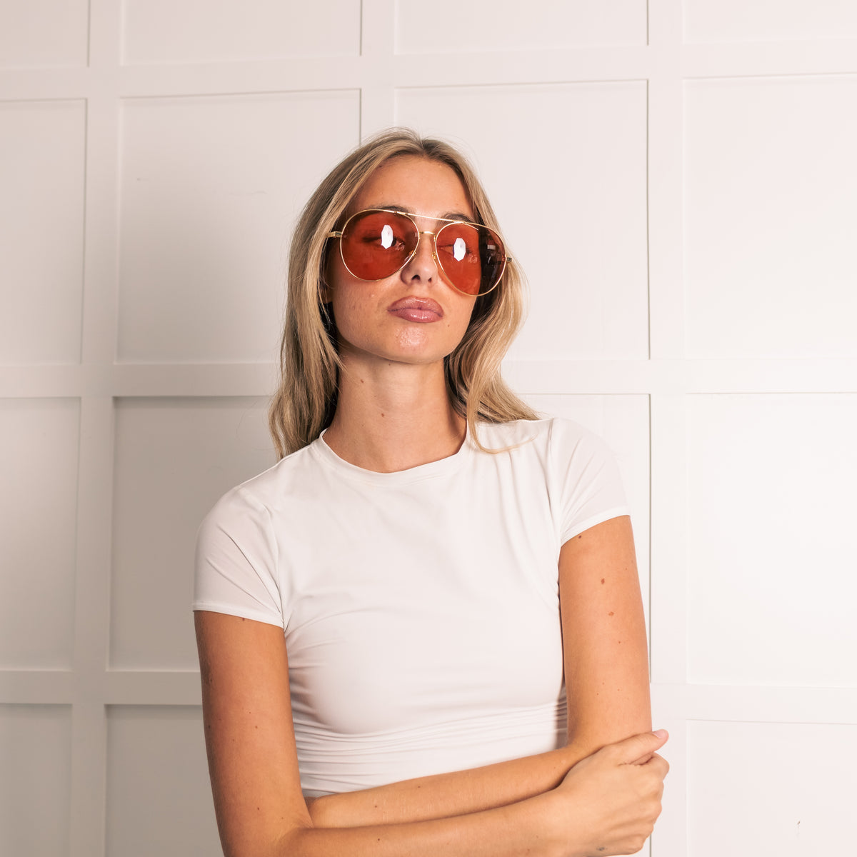 Linda Farrow Oversized Titanium Aviator Frame with Rose Coloured Lense