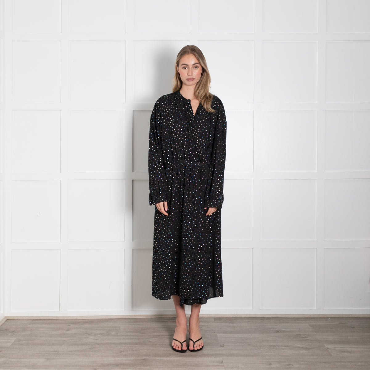 Essentiel Antwerp Black Wrap Dress with Metallic Polka Dots