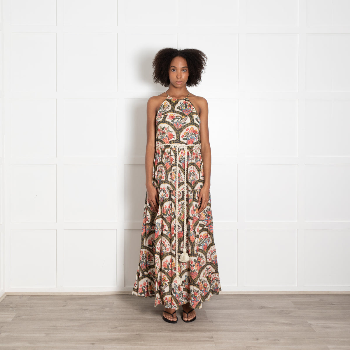 Rhode Multi Floral Print Belted Sleeveless Halter Neck Maxi Dress