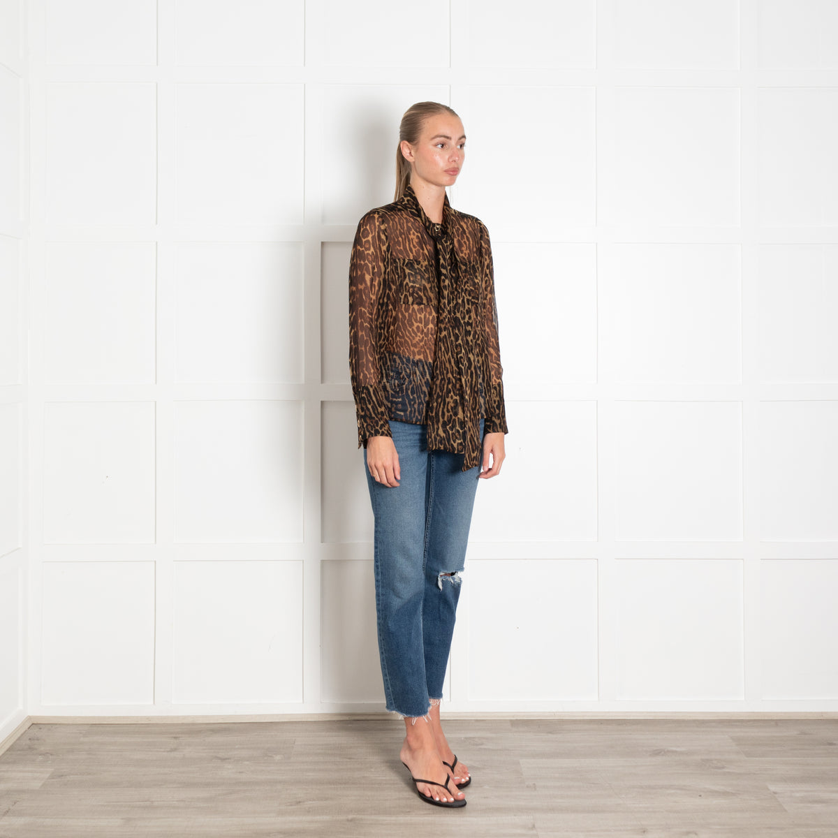 Burberry Leopard Print Chiffon Tie Neck Blouse