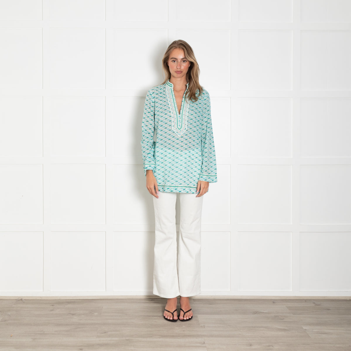 Tory Burch Turquoise Blue Green Flamingo Print Long Sleeved Top