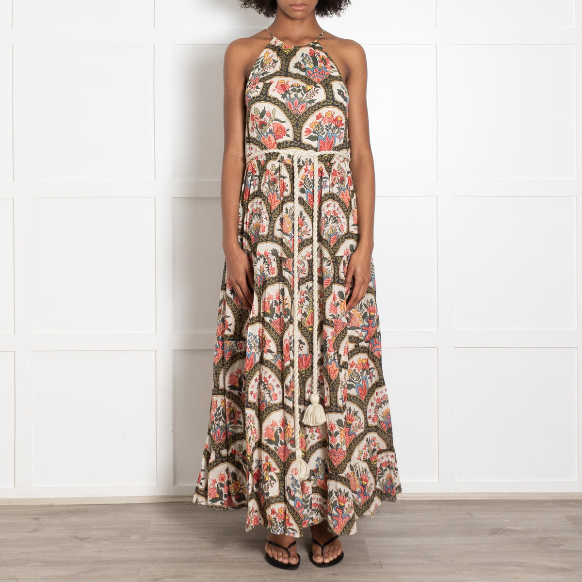 Rhode Multi Floral Print Belted Sleeveless Halter Neck Maxi Dress