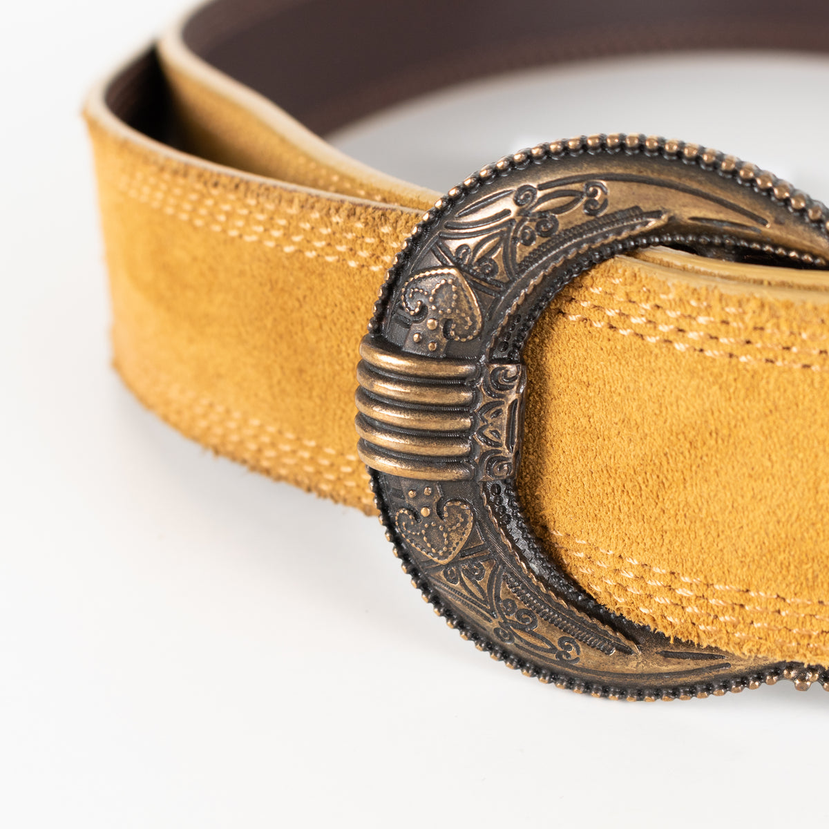 Sezane Gaia Mustard Suede Belt With Brass Buckle