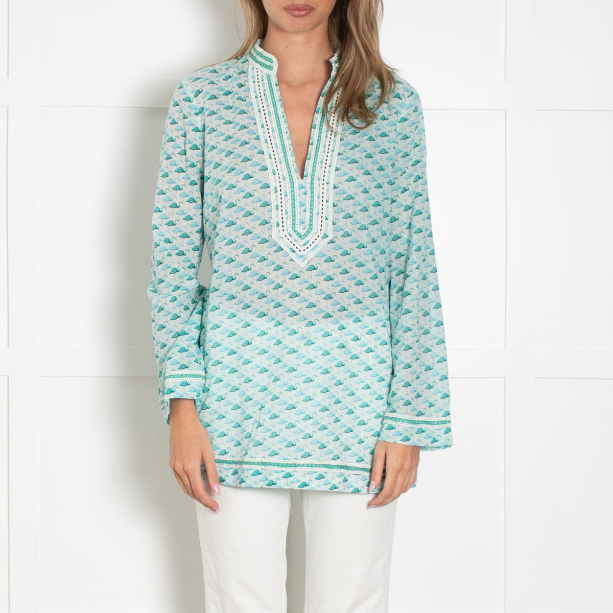 Tory Burch Turquoise Blue Green Flamingo Print Long Sleeved Top