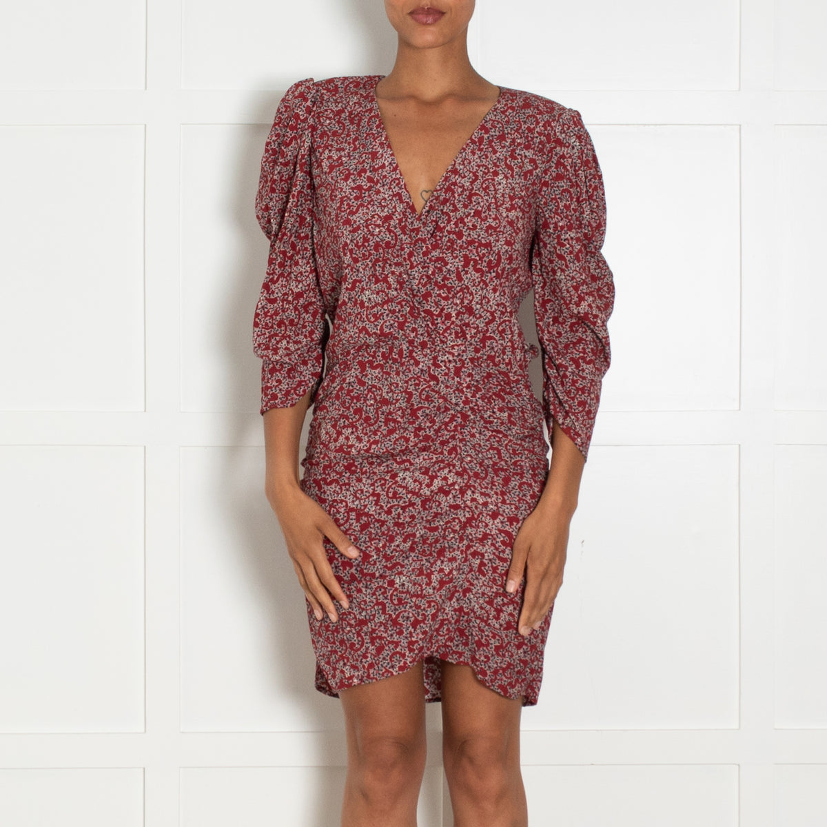 Ba&Sh Red Black Ditzy Flower Print Ruched Dress
