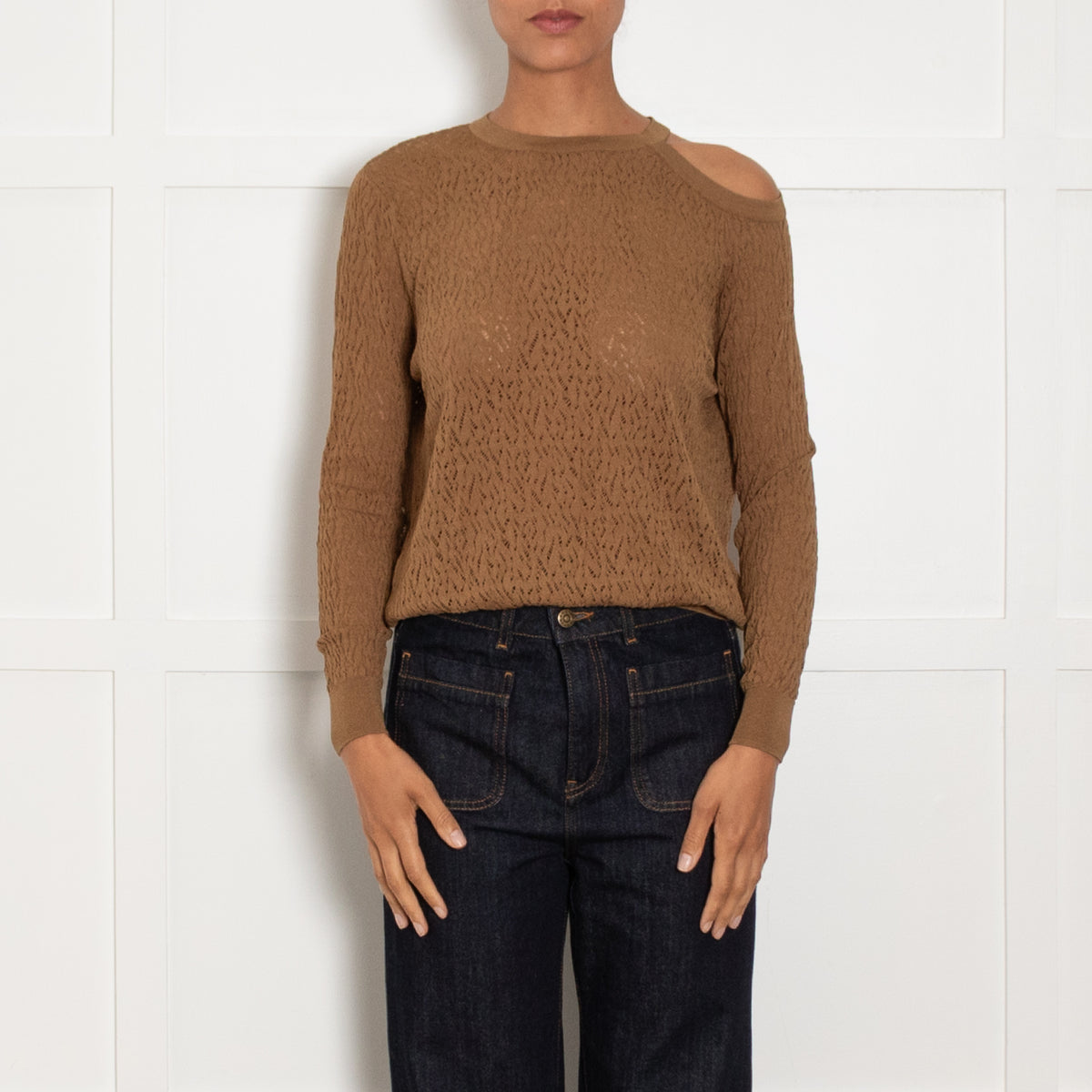 Sandro Caramel Off Shoulder Lace Top