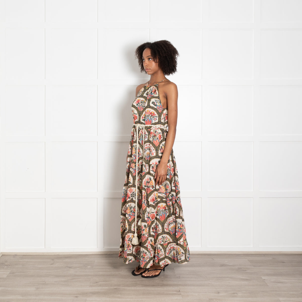 Rhode Multi Floral Print Belted Sleeveless Halter Neck Maxi Dress