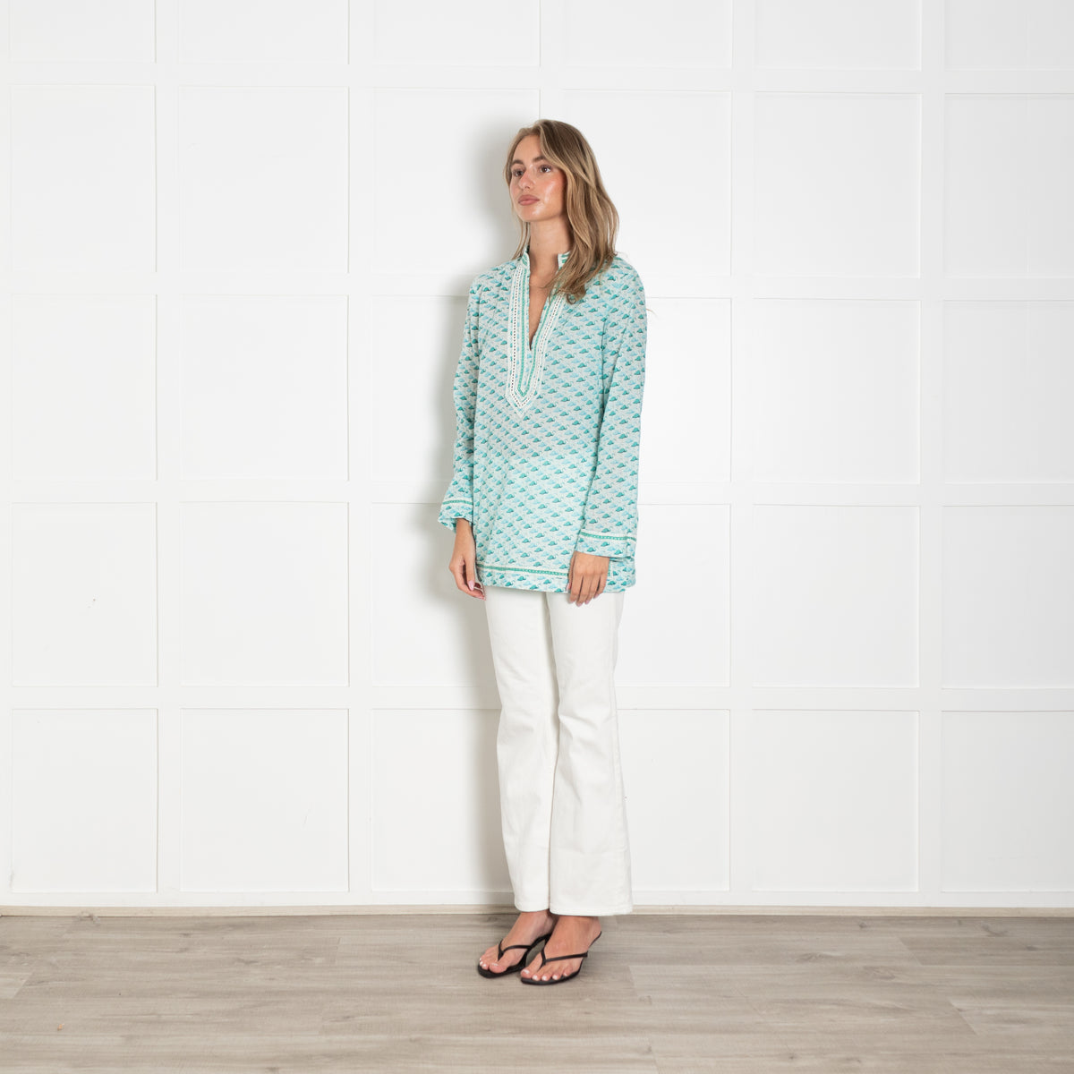 Tory Burch Turquoise Blue Green Flamingo Print Long Sleeved Top