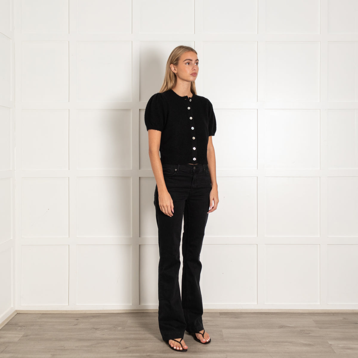 Doen Black Anisa Puff-Sleeves Cardigan