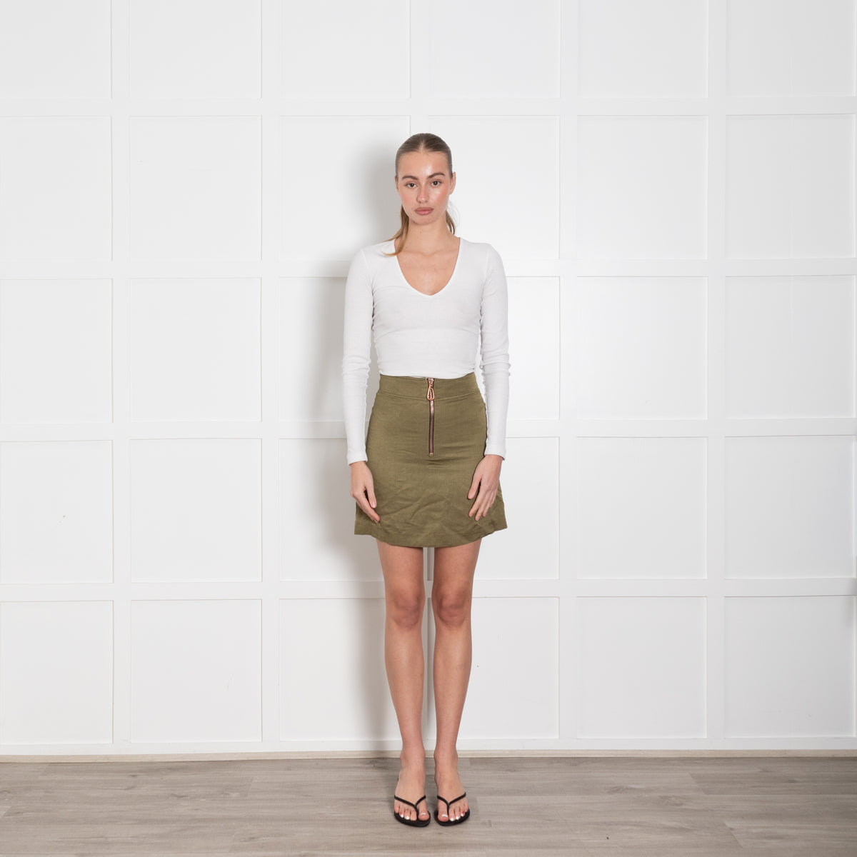Sandro Khaki Green Rose Gold Zip Mini Skirt
