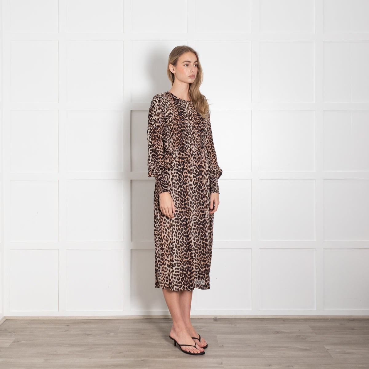Ganni Brown Animal Print Smock Top Maxi Dress