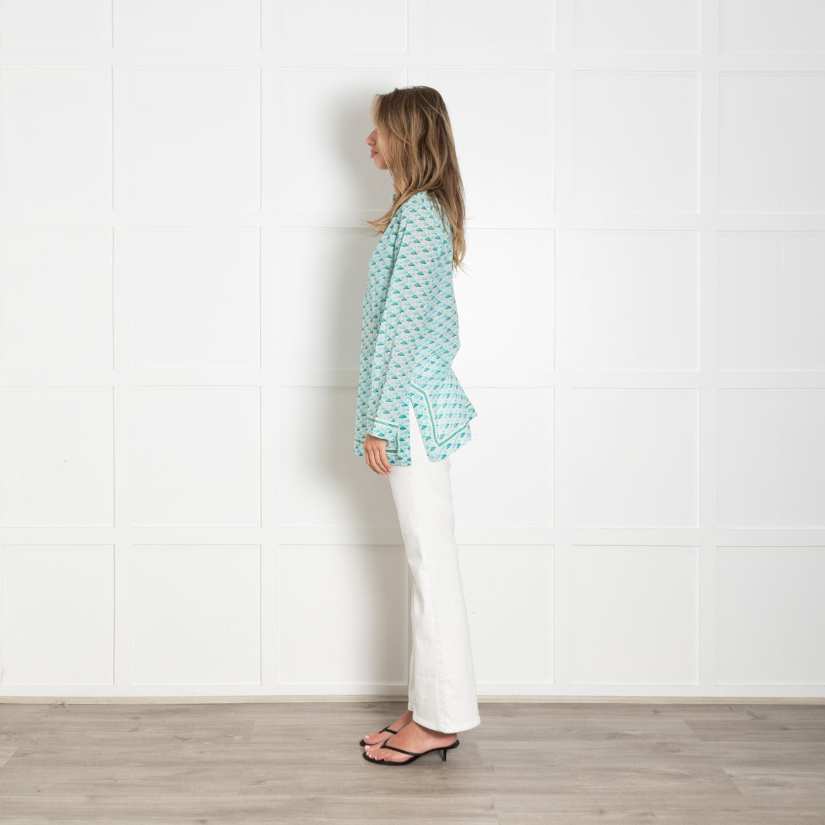 Tory Burch Turquoise Blue Green Flamingo Print Long Sleeved Top