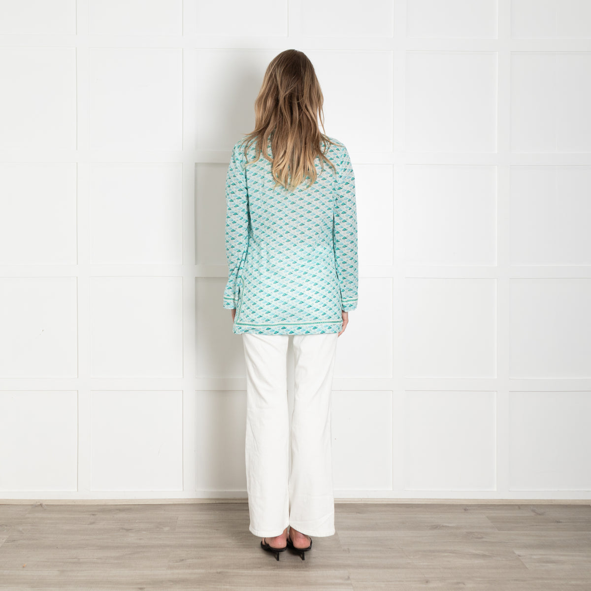 Tory Burch Turquoise Blue Green Flamingo Print Long Sleeved Top