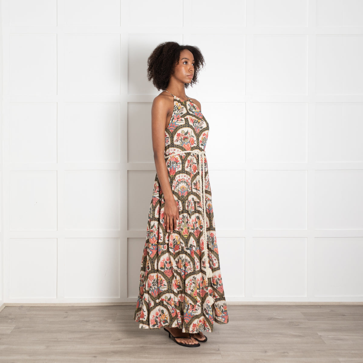 Rhode Multi Floral Print Belted Sleeveless Halter Neck Maxi Dress