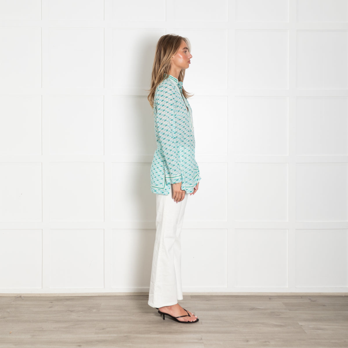 Tory Burch Turquoise Blue Green Flamingo Print Long Sleeved Top
