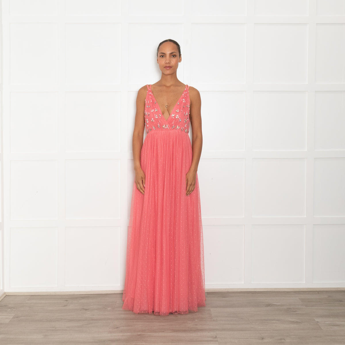 Needle & Thread Coral Pink Tulle Crystal Sequin Embellished Sleeveless Maxi Dress