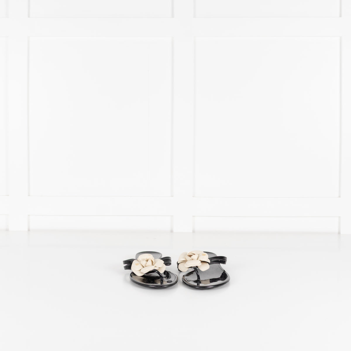 Chanel Black Plastic Camelia Flip Flops