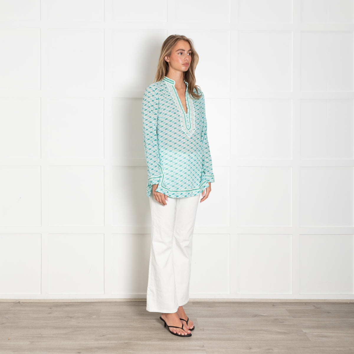 Tory Burch Turquoise Blue Green Flamingo Print Long Sleeved Top